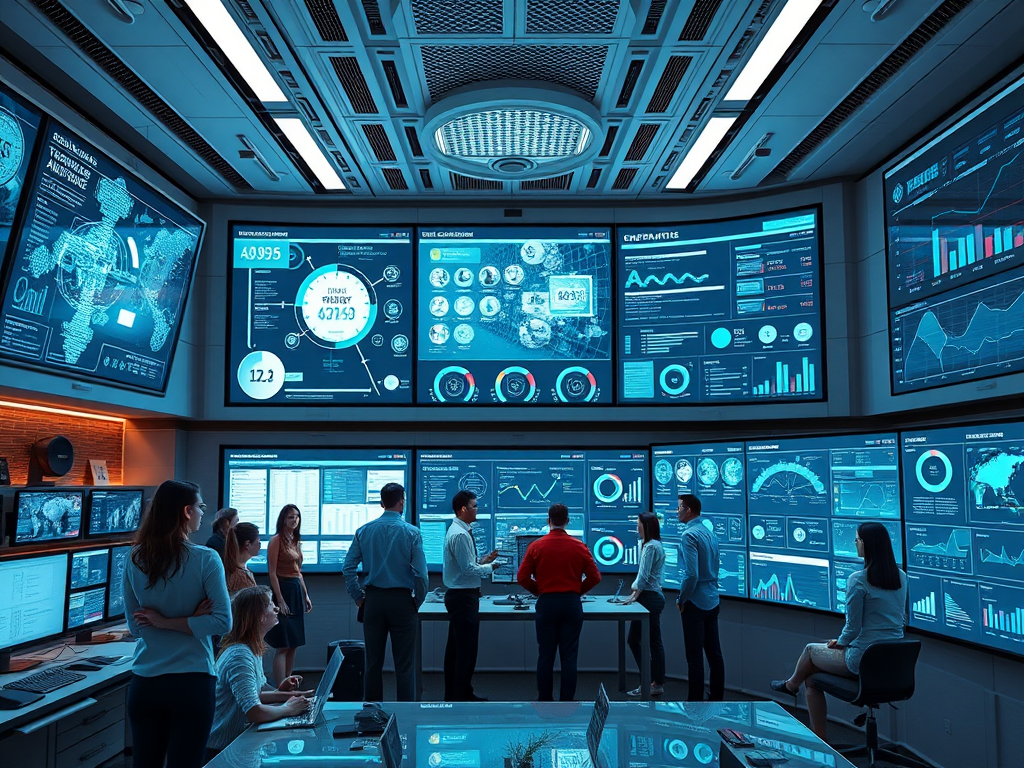 Een futuristisch kantoor met data screens en samenwerkende professionals.