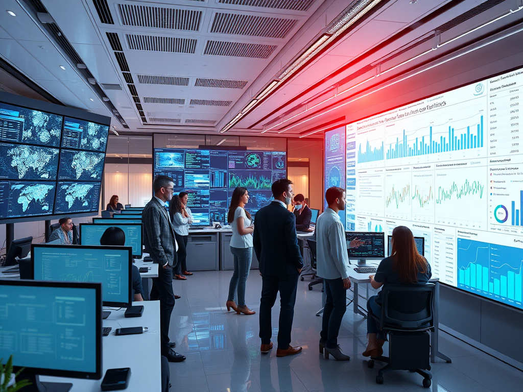 Een futuristisch kantoor met professionals en datascanners.