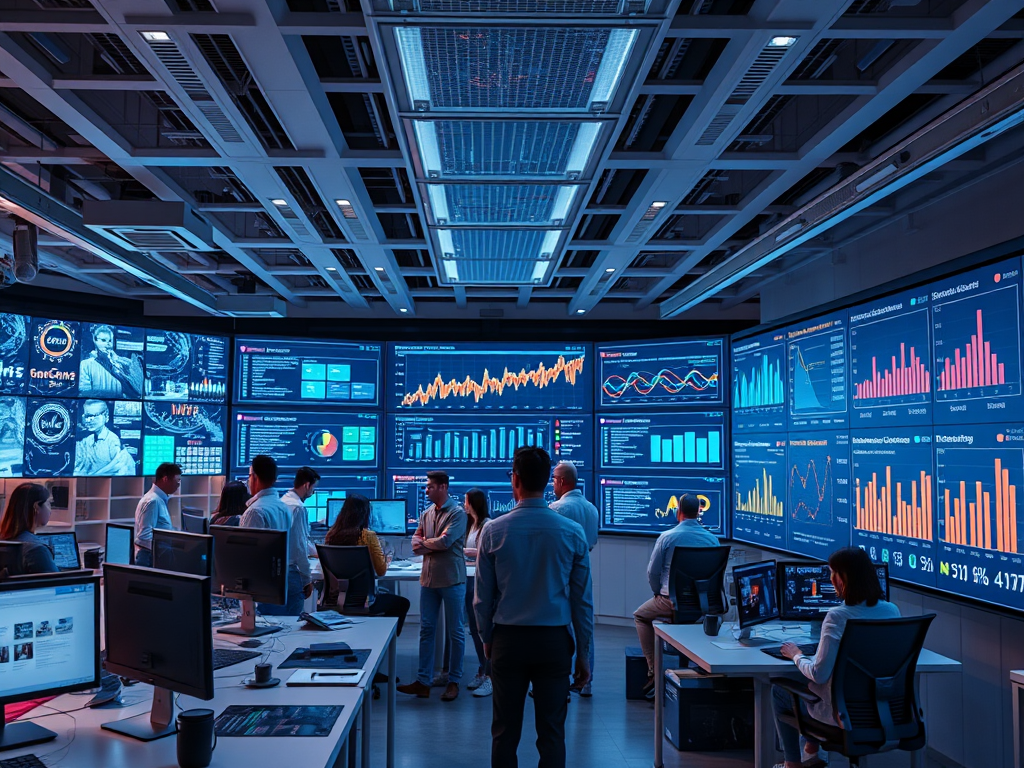 Een futuristisch kantoor met schermen en samenwerkende professionals.