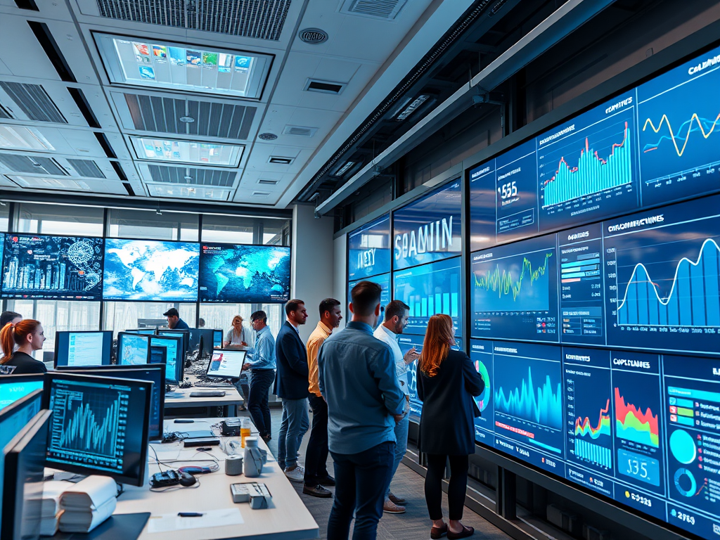 Een futuristisch kantoor met schermen en samenwerkende professionals.