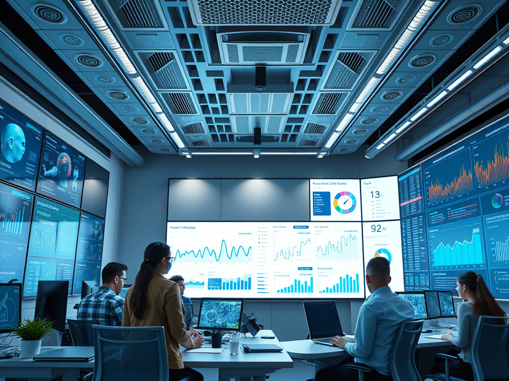 Een futuristisch kantoor met gegevensschermen en samenwerkende professionals.