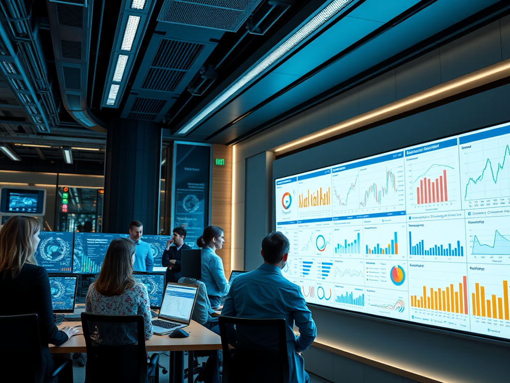 Futuristisch kantoor met datascanners en samenwerkende professionals.