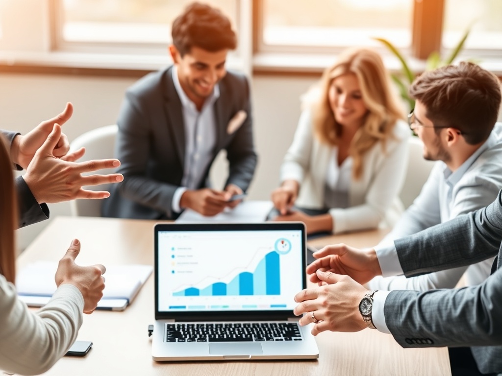 "hands of diverse professionals" "modern office table" "laptop showing pipeline visualization" "clock indicating fast turnaround" "shield icon symbolizing privacy" "happy clients shaking hands"
