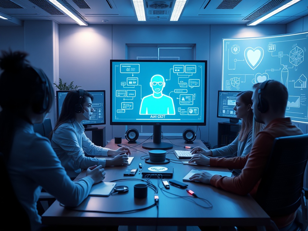 "futuristic workspace" "diverse team building AI agent on screens" "flowcharts and privacy shields glowing" "integration cables linking CRM, Zapier, payment systems" "clean modern aesthetic, cool blue tones"