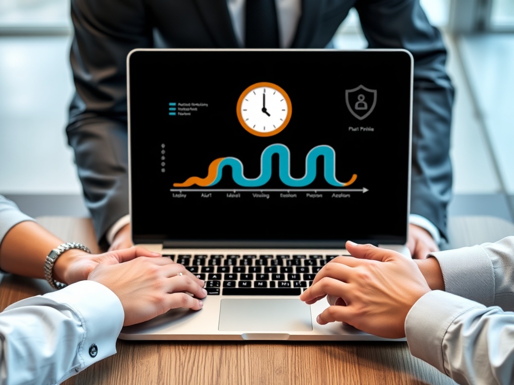 "hands of diverse professionals" "modern office table" "laptop showing pipeline visualization" "clock indicating fast turnaround" "shield icon symbolizing privacy" "happy clients shaking hands"
