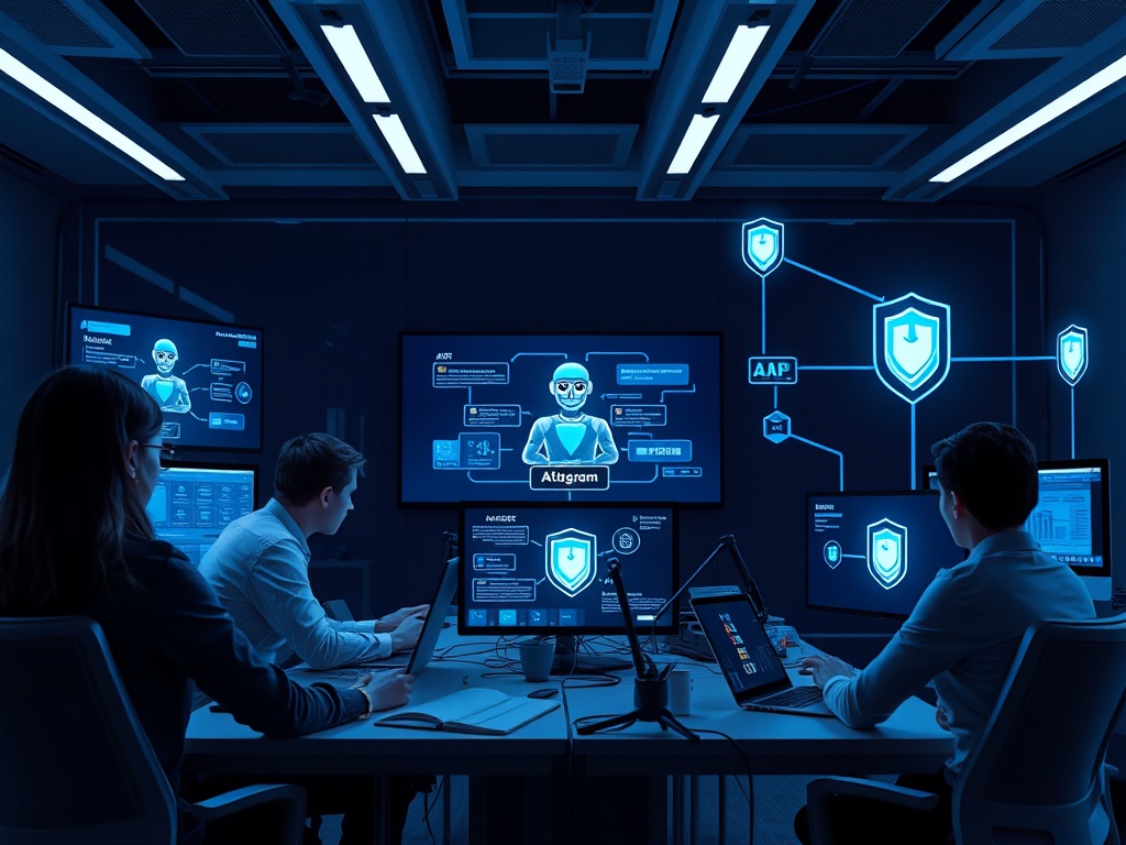 "futuristic workspace" "diverse team building AI agent on screens" "flowcharts and privacy shields glowing" "integration cables linking CRM, Zapier, payment systems" "clean modern aesthetic, cool blue tones"