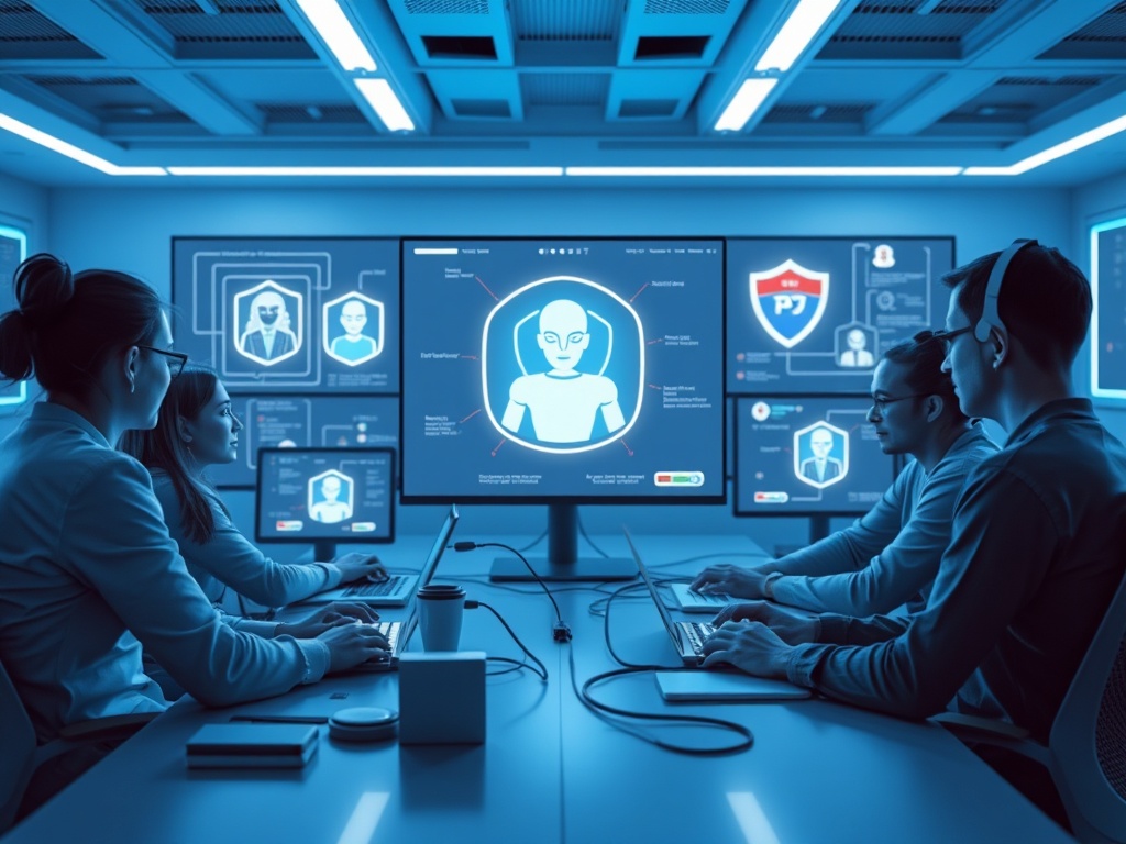 "futuristic workspace" "diverse team building AI agent on screens" "flowcharts and privacy shields glowing" "integration cables linking CRM, Zapier, payment systems" "clean modern aesthetic, cool blue tones"