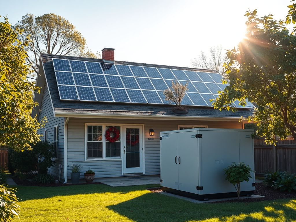 Een huis met zonnepanelen, een batterijopslag en zonlicht.