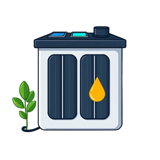 Illustratie van een thuisbatterij met zonnepanelen en plant.