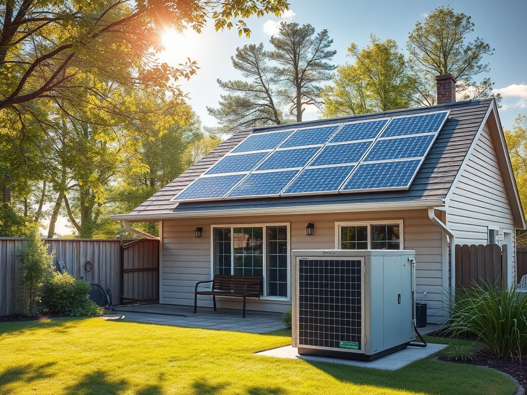 Een huis met zonnepanelen, een batterijopslag en zonlicht.