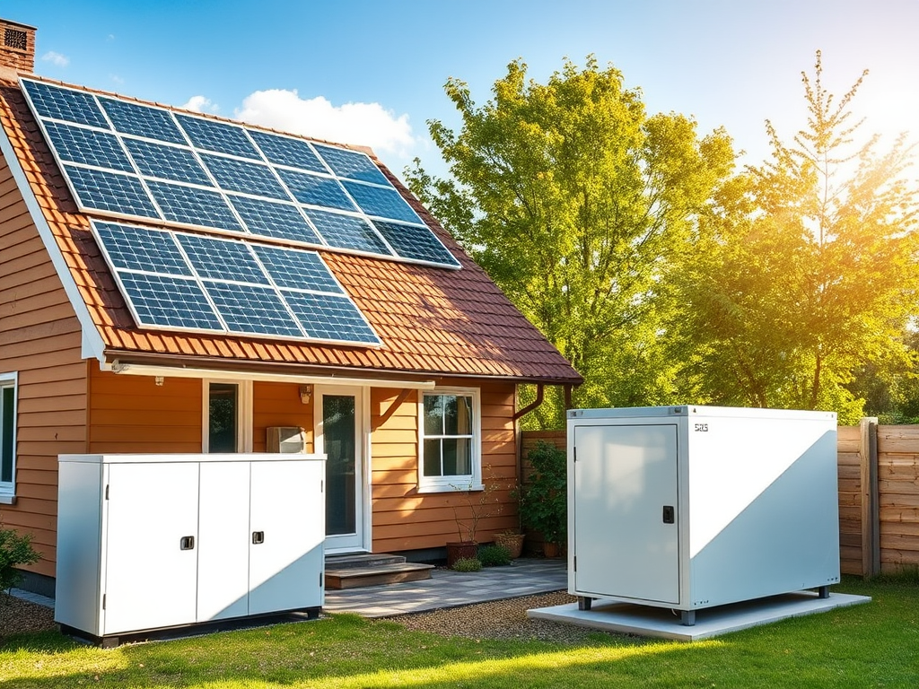 Een huis met zonnepanelen en een batterijopslagsysteem in de tuin.