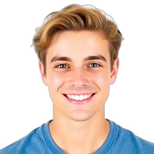 Een glimlachende persoon met een blauwe shirt.