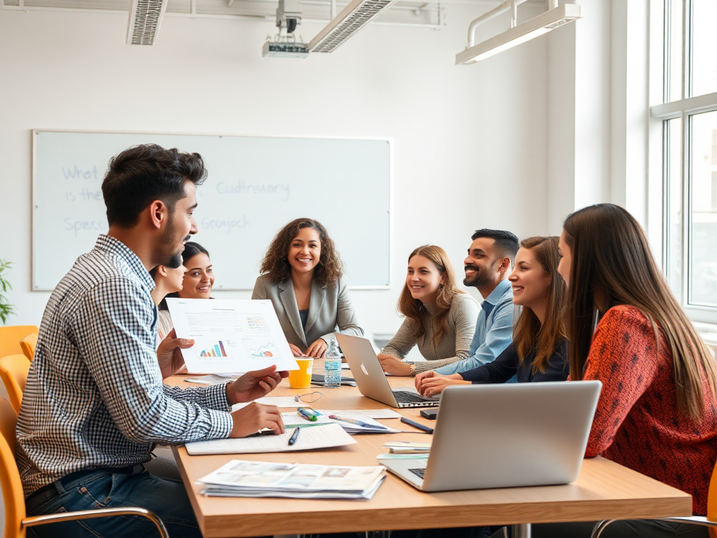 Een diverse groep ondernemers in een moderne klaslokaal.