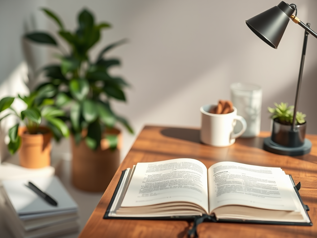 Rustige werkruimte met een houten bureau en planten.