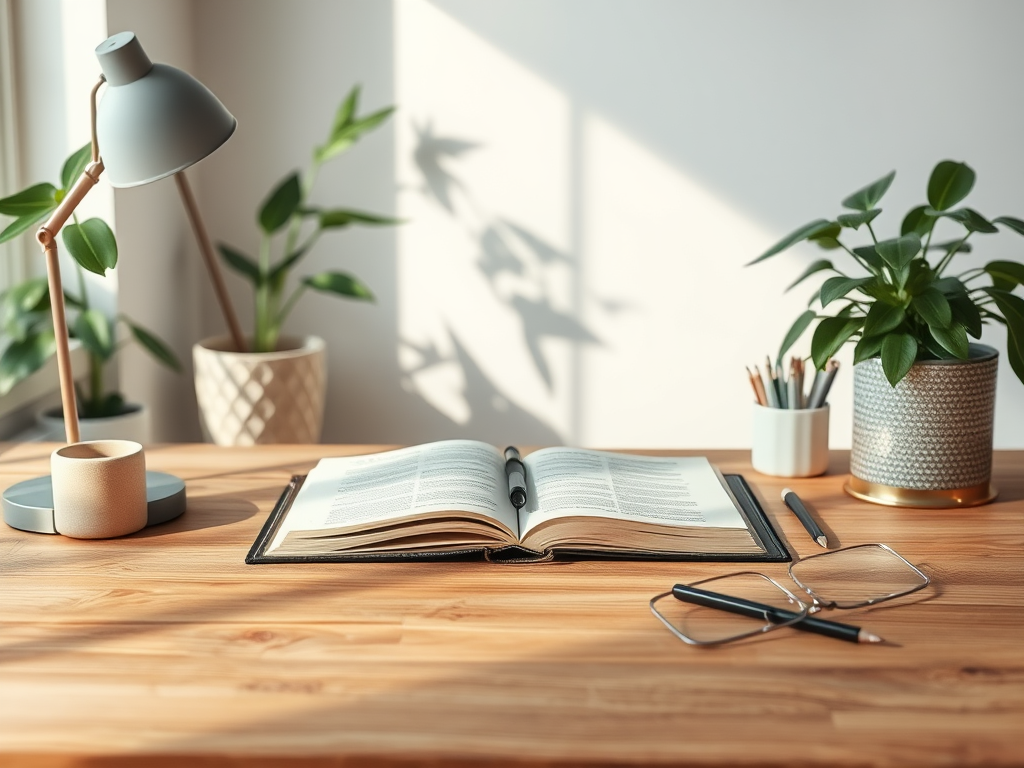 Rustige werkruimte met een houten bureau en planten.
