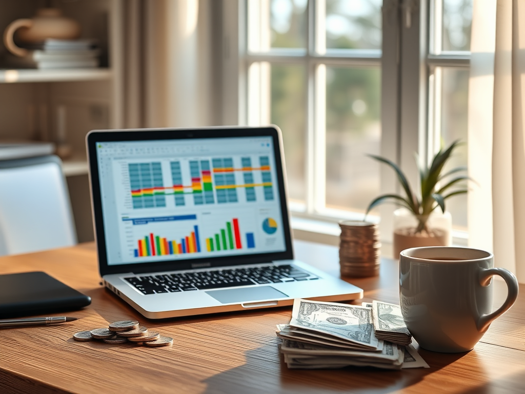 "a serene home office with a laptop displaying colorful spreadsheets" "calm morning light filtering through a window" "a cup of coffee beside neatly stacked bills and coins" "a peaceful, organized workspace symbolizing financial control and clarity"