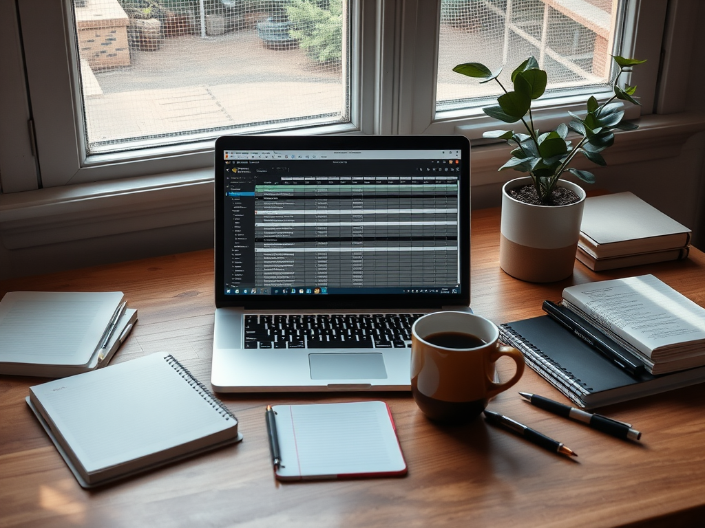 "a calm workspace" with "a neat spreadsheet on a laptop screen" surrounded by "a cup of coffee," "notebooks," and "pens," bathed in soft natural light