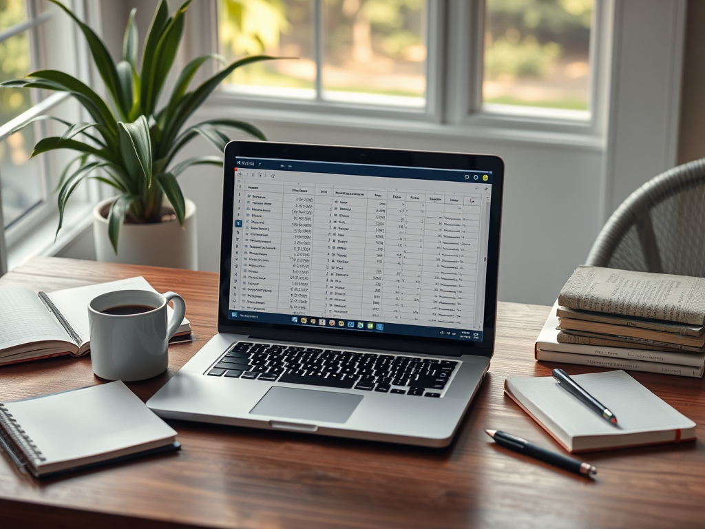 "a calm workspace" with "a neat spreadsheet on a laptop screen" surrounded by "a cup of coffee," "notebooks," and "pens," bathed in soft natural light