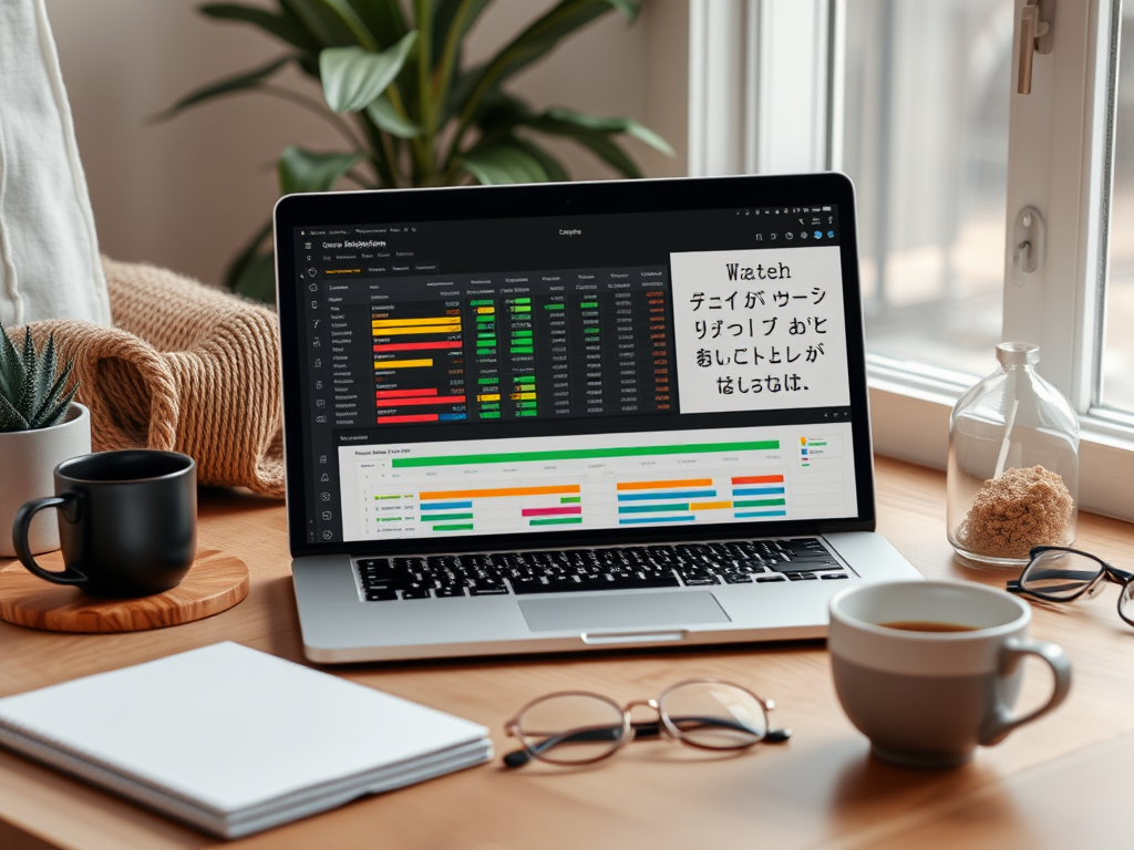 A peaceful workspace with a laptop displaying a clean, colorful spreadsheet, surrounded by cozy elements like a coffee cup, glasses, and soft natural light.
