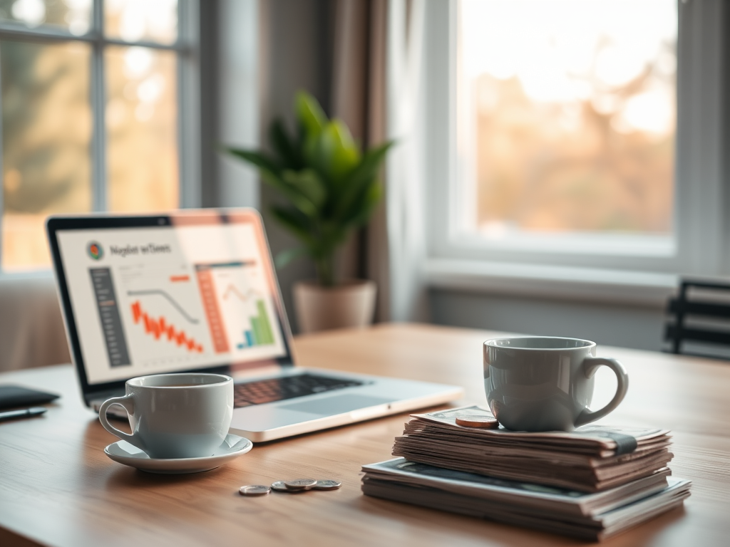 "a serene home office with a laptop displaying colorful spreadsheets" "calm morning light filtering through a window" "a cup of coffee beside neatly stacked bills and coins" "a peaceful, organized workspace symbolizing financial control and clarity"