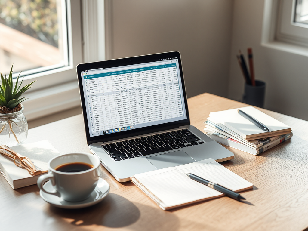 "a calm workspace" with "a neat spreadsheet on a laptop screen" surrounded by "a cup of coffee," "notebooks," and "pens," bathed in soft natural light