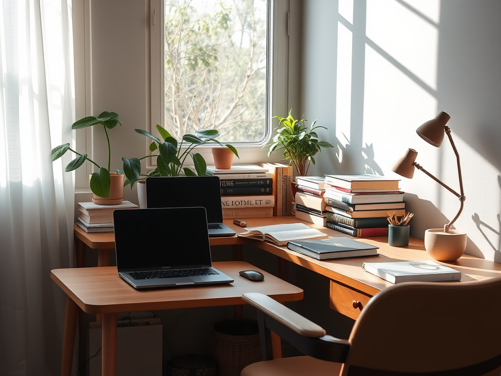 Een rustige studeerkamer met een bureau, boeken en planten.