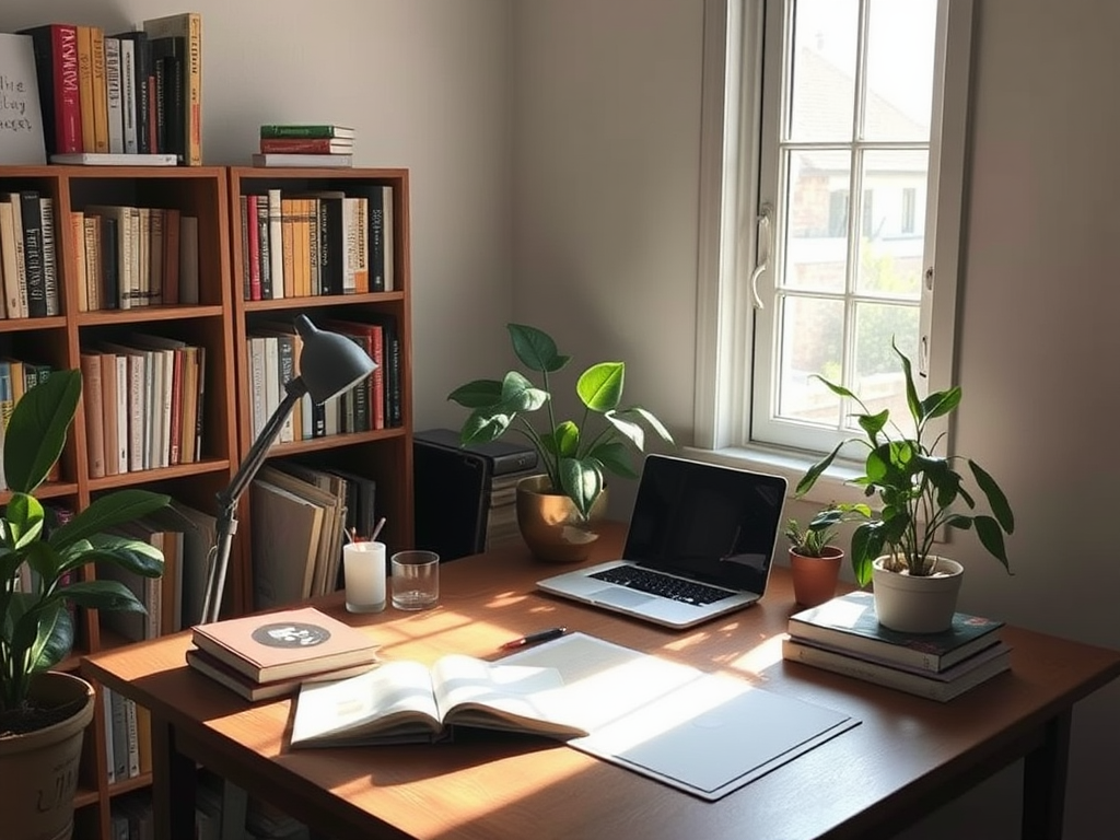 Een rustige studieomgeving met een bureau, boeken en planten.