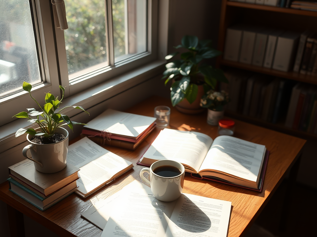 Een rustige studeerplek met een houten bureau, planten en boeken.