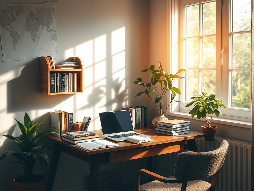 Een rustige studeerkamer met een bureau, boeken en planten.