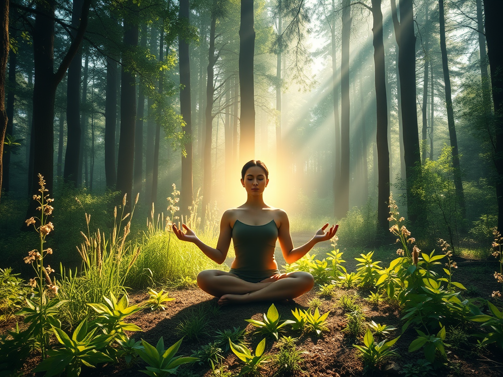"a serene forest clearing" "glowing herbs and plants surrounding a meditating person" "soft sunlight filtering through trees" "ethereal light connecting the person to nature" "gentle flowing energy symbolizing spiritual growth and healing"