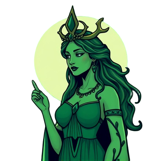 Carefully describe an image in great detail that needs to generate, use quotes to split visual things. You MAY only use up to 3 words." "Green Goddess, women, moon"