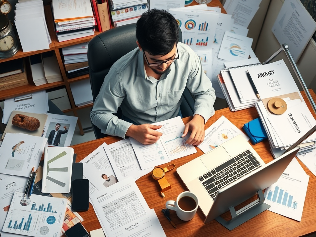 Een drukke ondernemer aan een bureau vol documenten.