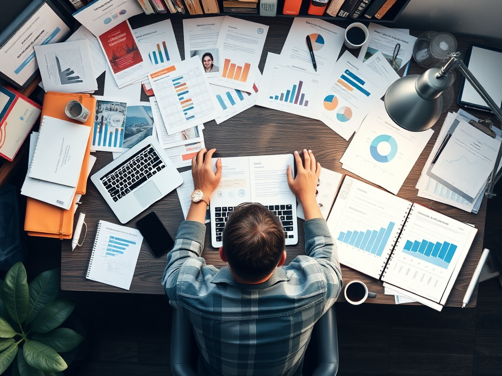 Een ondernemer aan een bureau vol documenten en een laptop.