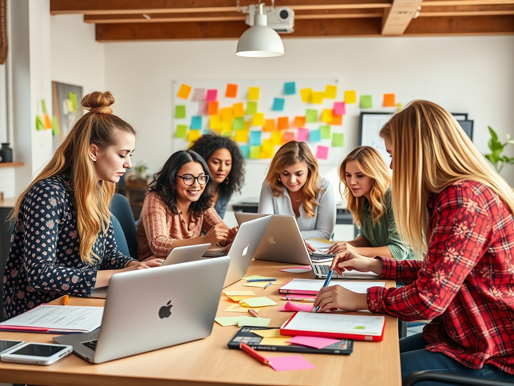 Een levendige workshop met diverse vrouwen die samenwerken.