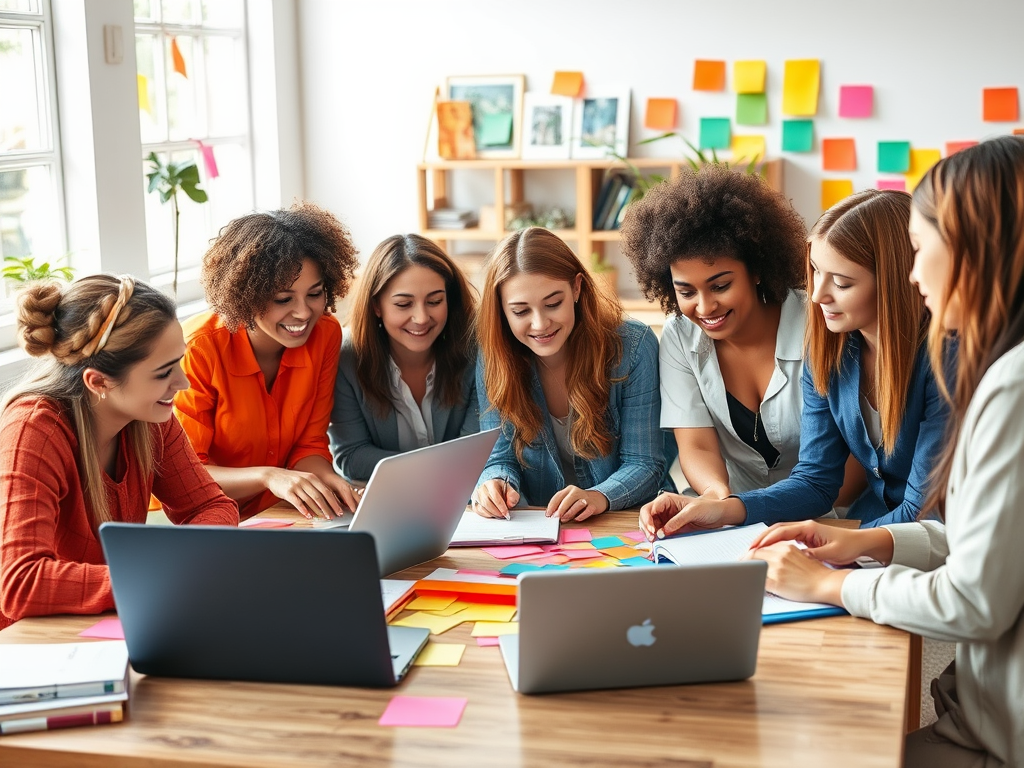 Een levendige workshop met diverse vrouwen die samenwerken.