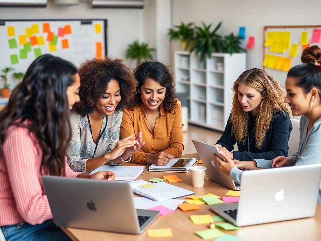 Een levendige workshop met diverse vrouwen die samenwerken.