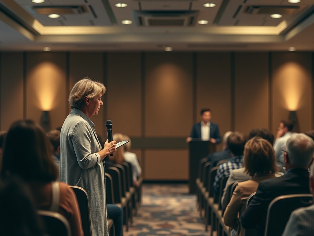 A compassionate professional giving a keynote in a warm, intimate conference room; soft lighting, muted earth tones, attentive audience, calm, respectful atmosphere, subtle symbols of care and palliation.