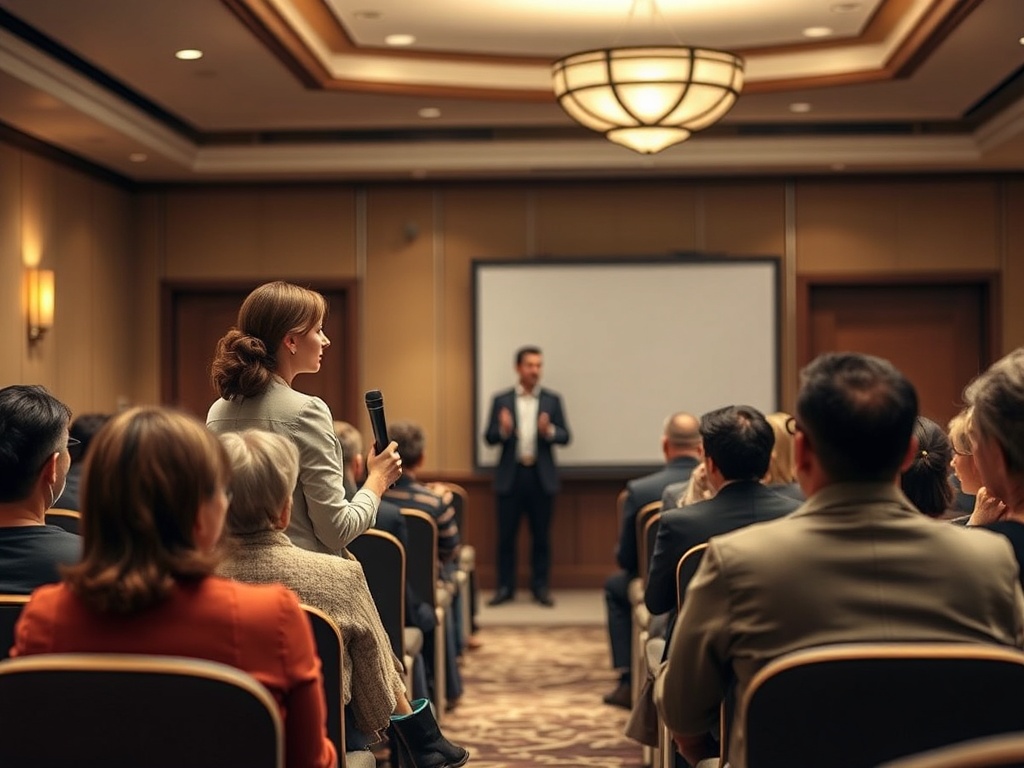 A compassionate professional giving a keynote in a warm, intimate conference room; soft lighting, muted earth tones, attentive audience, calm, respectful atmosphere, subtle symbols of care and palliation.