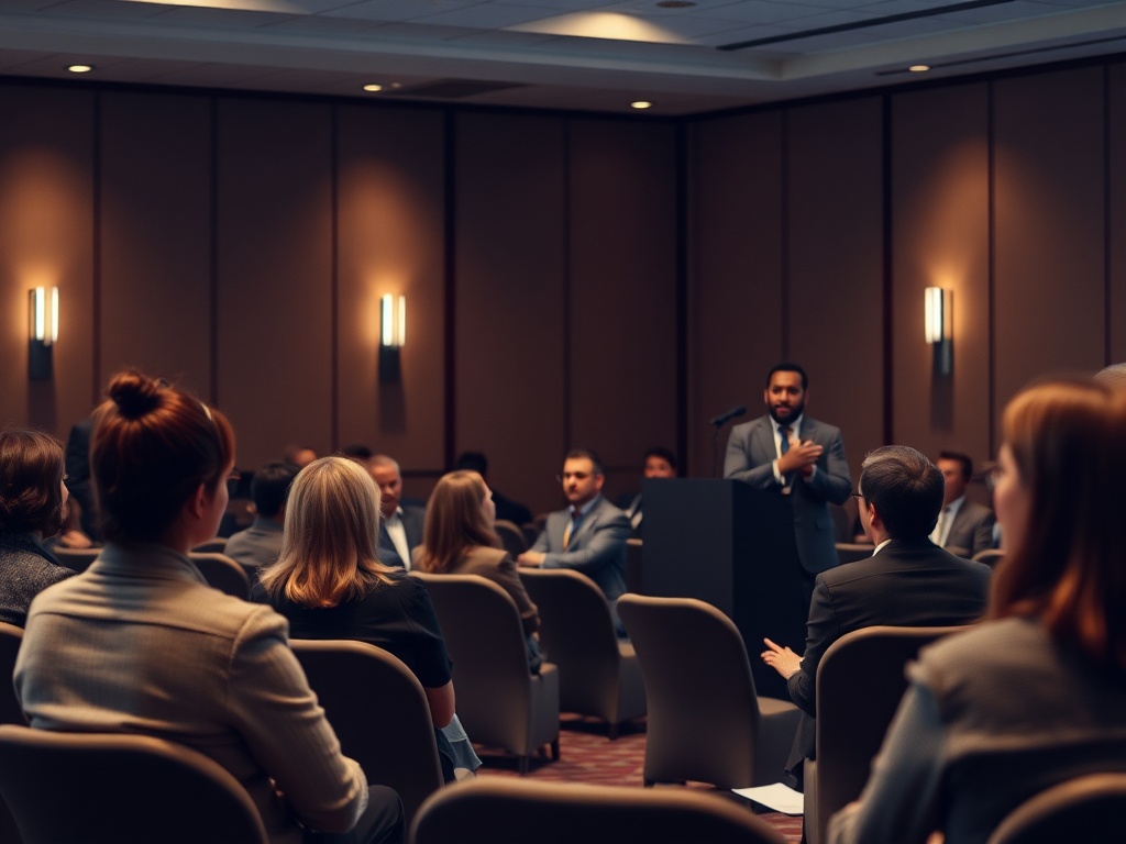 A compassionate professional giving a keynote in a warm, intimate conference room; soft lighting, muted earth tones, attentive audience, calm, respectful atmosphere, subtle symbols of care and palliation.