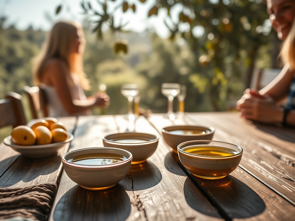 Photorealistic olive oil tasting scene "set on a rustic wooden table" with "three small ceramic bowls" of golden oil, "sunlit Andalusian olives" background, "cheerful consumers silhouettes"
