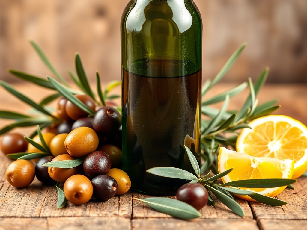 Close-up of a dark green glass bottle of organic extra virgin olive oil beside ripe Andalusian olives, fresh herbs, lemon wedge, and rustic wooden table, golden light, premium mood.
