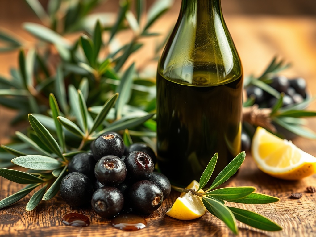 Close-up of a dark green glass bottle of organic extra virgin olive oil beside ripe Andalusian olives, fresh herbs, lemon wedge, and rustic wooden table, golden light, premium mood.