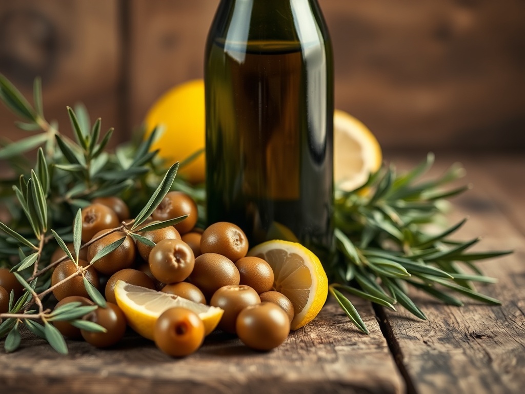 Close-up of a dark green glass bottle of organic extra virgin olive oil beside ripe Andalusian olives, fresh herbs, lemon wedge, and rustic wooden table, golden light, premium mood.