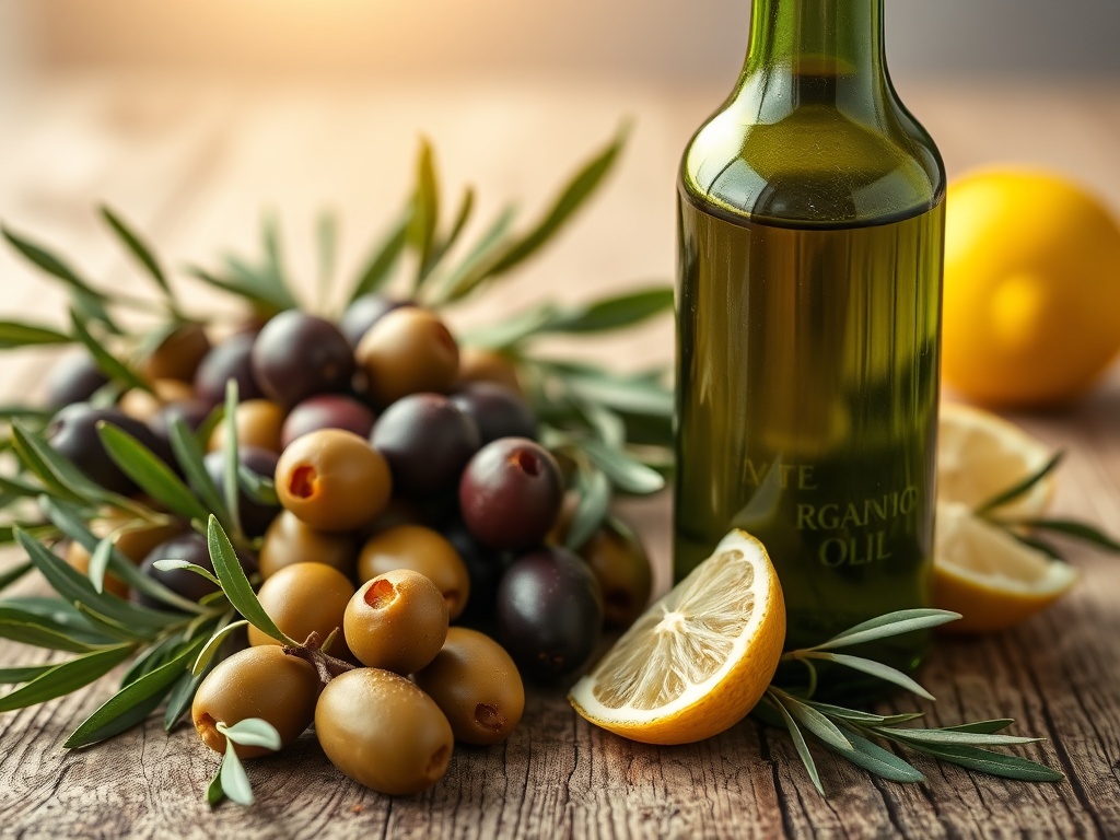 Close-up of a dark green glass bottle of organic extra virgin olive oil beside ripe Andalusian olives, fresh herbs, lemon wedge, and rustic wooden table, golden light, premium mood.