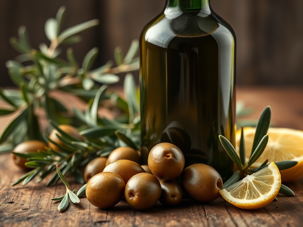 Close-up of a dark green glass bottle of organic extra virgin olive oil beside ripe Andalusian olives, fresh herbs, lemon wedge, and rustic wooden table, golden light, premium mood.