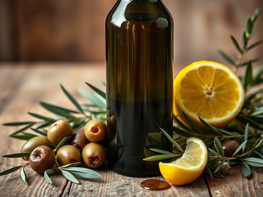 Close-up of a dark green glass bottle of organic extra virgin olive oil beside ripe Andalusian olives, fresh herbs, lemon wedge, and rustic wooden table, golden light, premium mood.