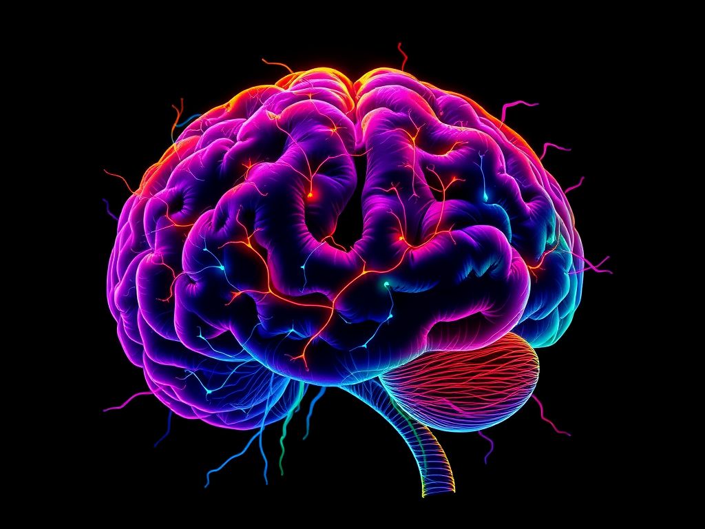 Kleurrijke hersenillustratie met verlichte neurale paden.