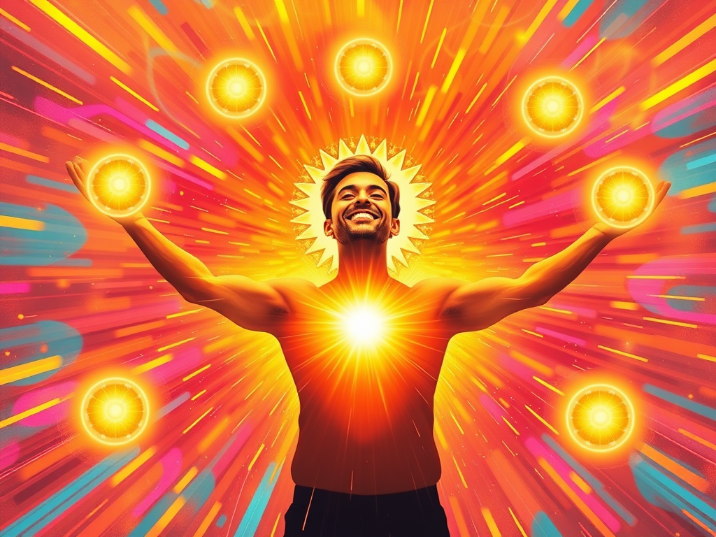 A vibrant, energetic person radiating light, surrounded by five glowing orbs symbolizing reasons, dynamic background with bright colors and uplifting energy.