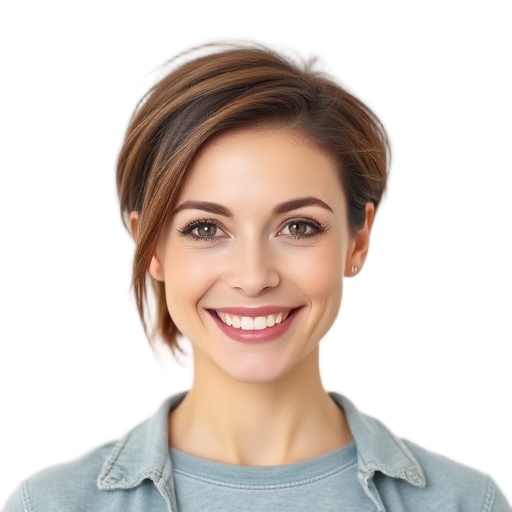 A woman smiling to the camera with a white background looking like