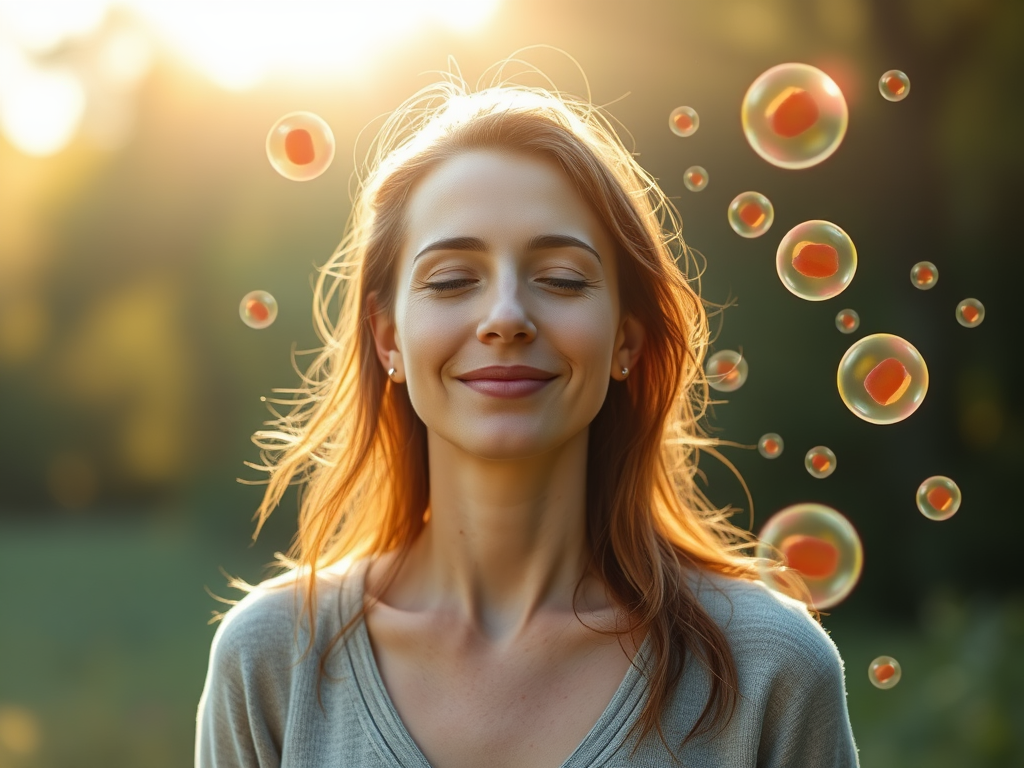 "a peaceful woman in her 30s" "glowing with energy" "surrounded by soft natural light" "calm nature background" "symbolic glowing blood cells floating gently" "balanced harmonious colors"